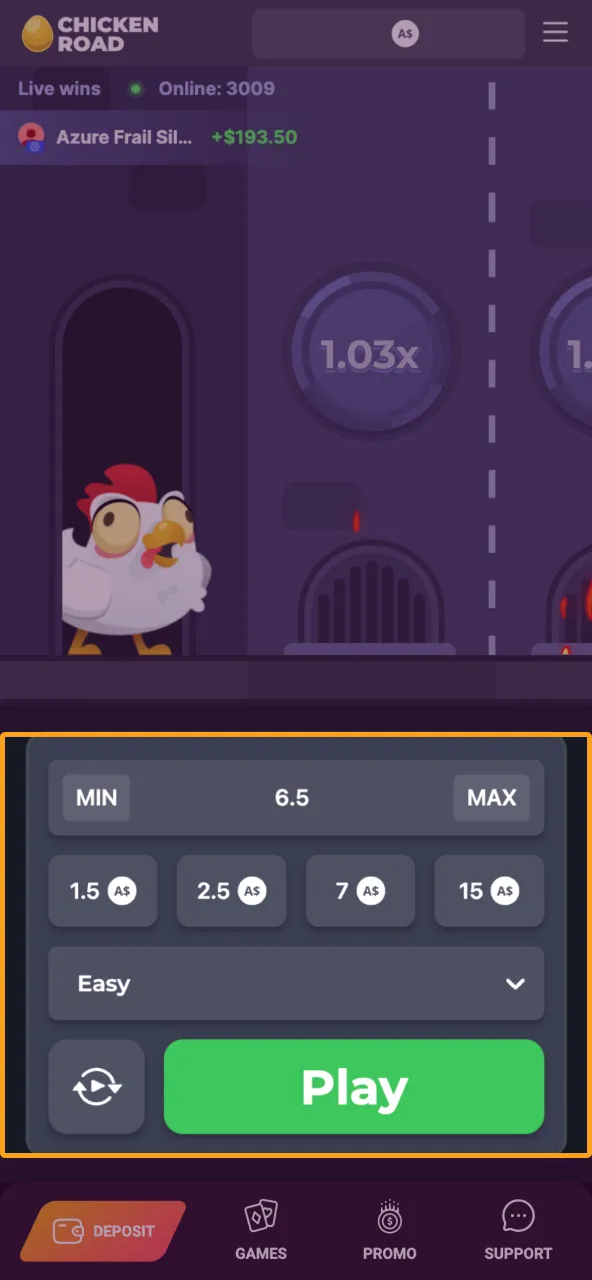 Choose Ricky Casino at Chicken Road stake amount and set auto bet with a multiplier.