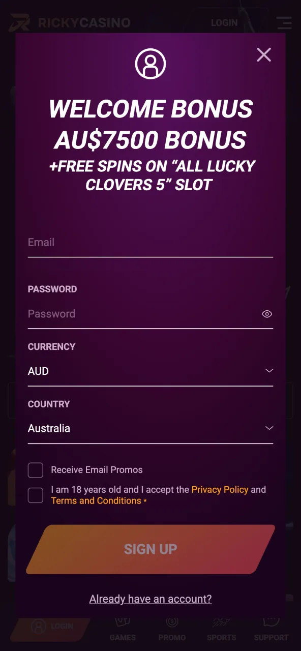 Create your Ricky Casino profile with email, password and required personal details.