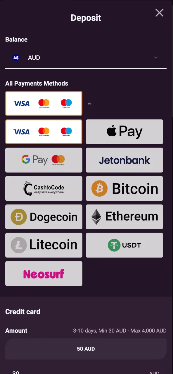 Fund your Ricky Casino account using Visa, Neosurf, crypto or bank transfer.