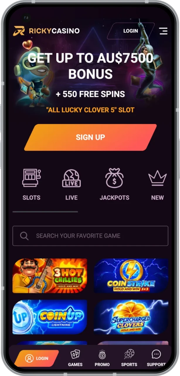 Visit the Ricky Casino site on Android and log in or register.