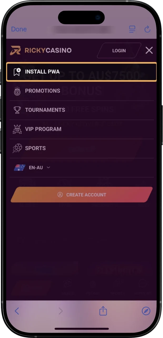 Locate the Ricky Casino iOS button at the bottom and tap to view steps.