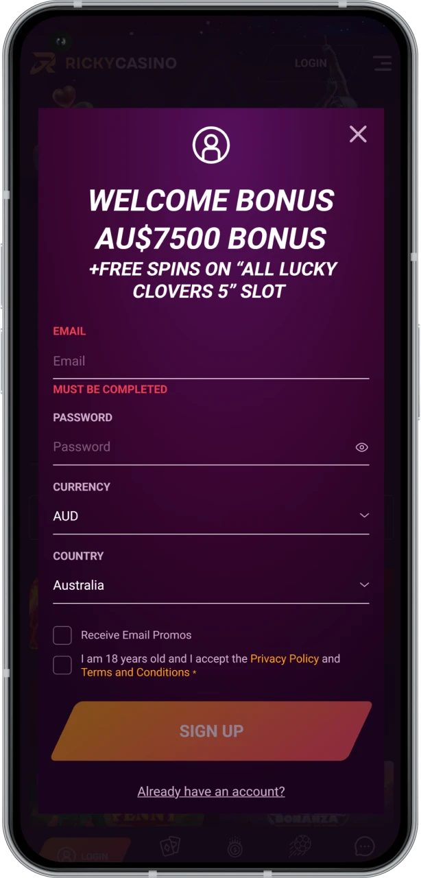 Pass the quick registration at Ricky Casino.