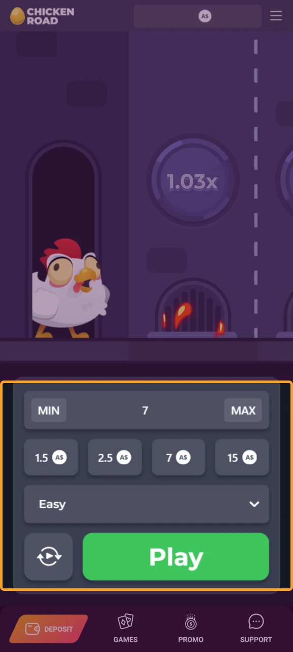 Choose the amount and place your first bet in the Chicken Road game.