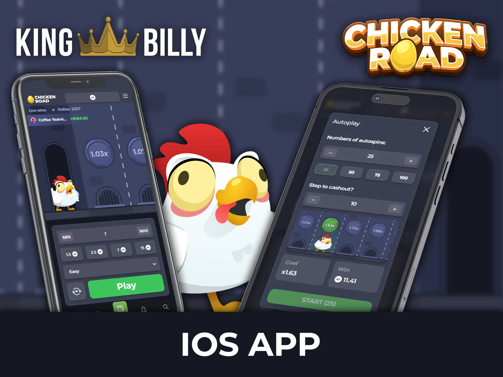 Sign up and download the King Billy app for iOS to play Chicken Road.