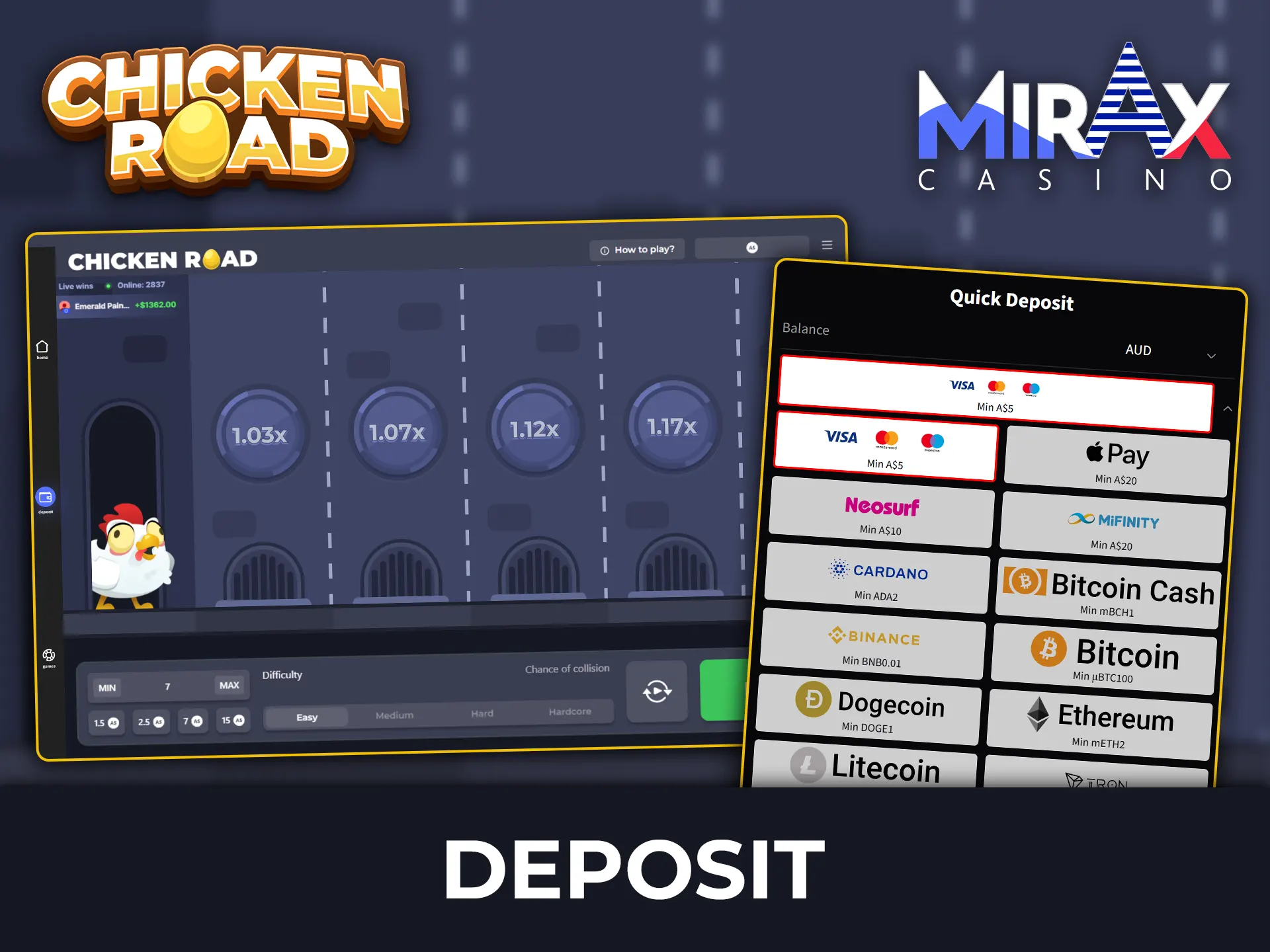 Deposit funds securely at Mirax Casino and play Chicken Road.
