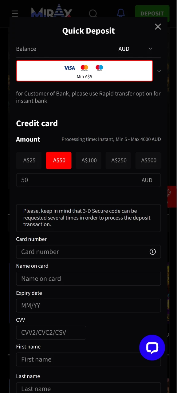 Top up your Mirax Casino account and use those funds to play Chicken Road.
