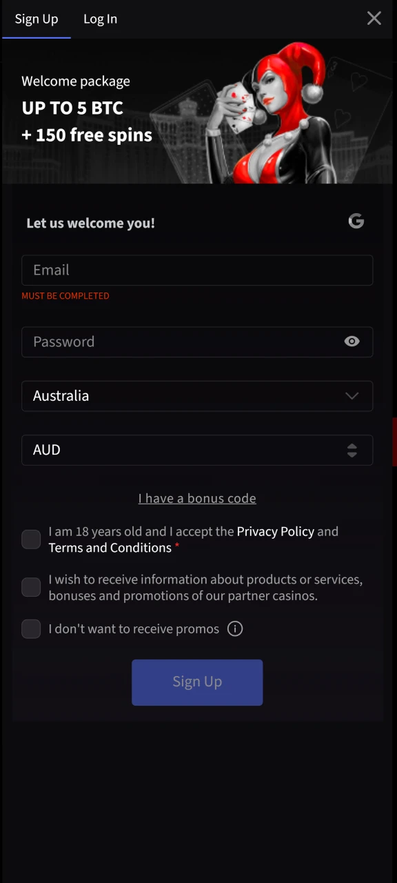 Click Register and fill in the Mirax Casino registration form.