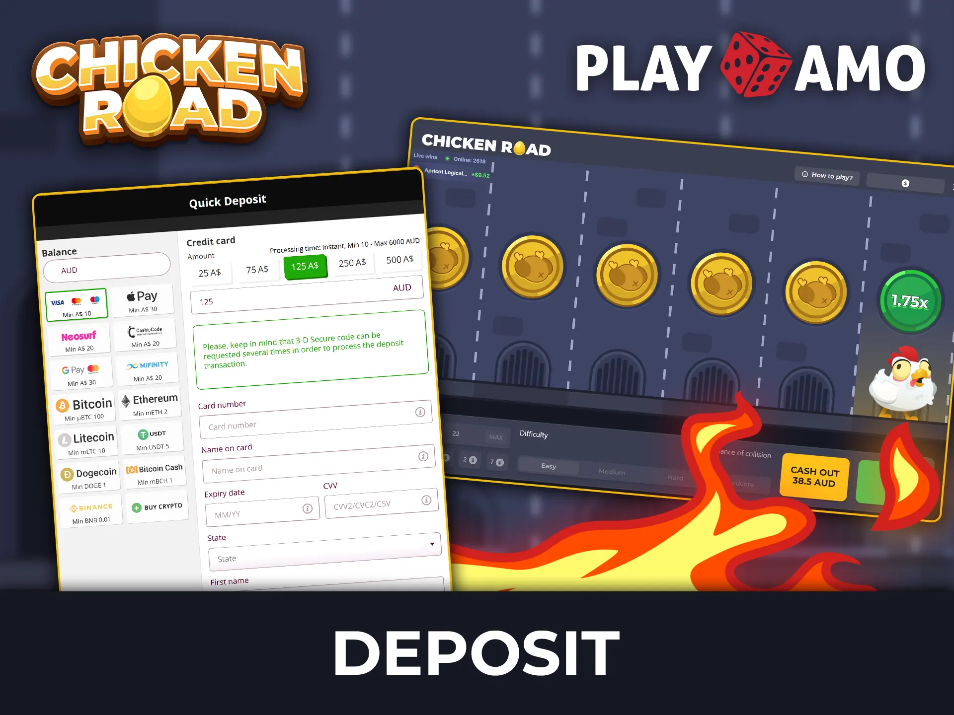 Find out how to fund your Playamo account using convenient payment methods so you can start playing Chicken Road.