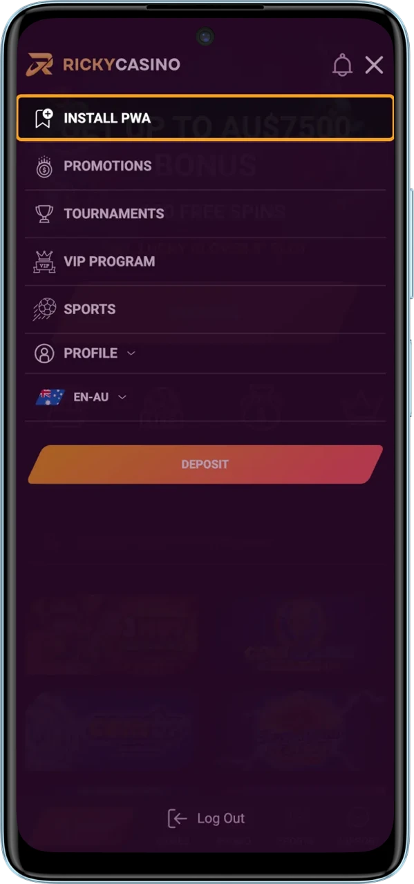 Visit Ricky Casino mobile area and press the Android or APK download.