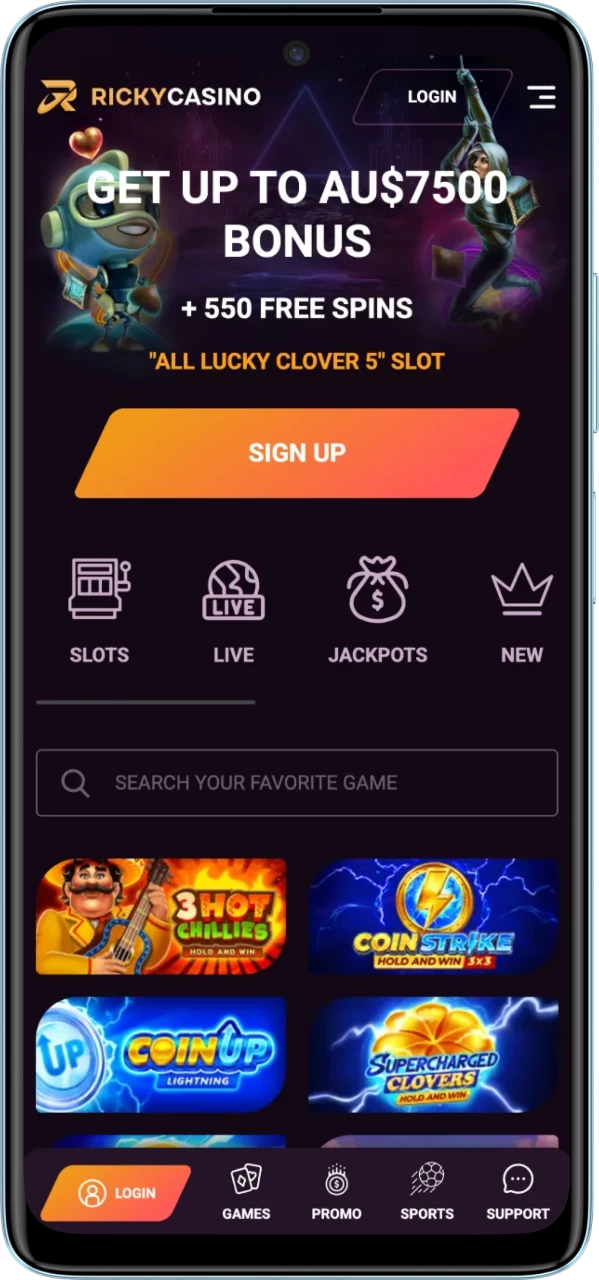 Open Ricky Casino in your Android browser and sign in or sign up.