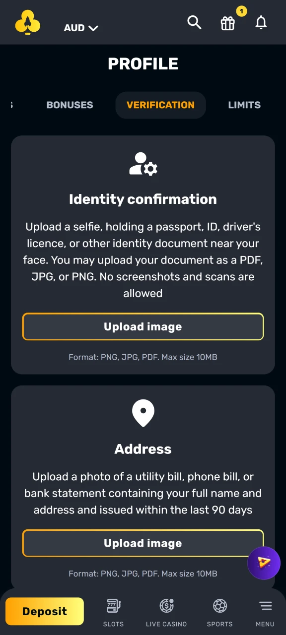 Upload your documents to pass the verification on the Rocket Play platform.