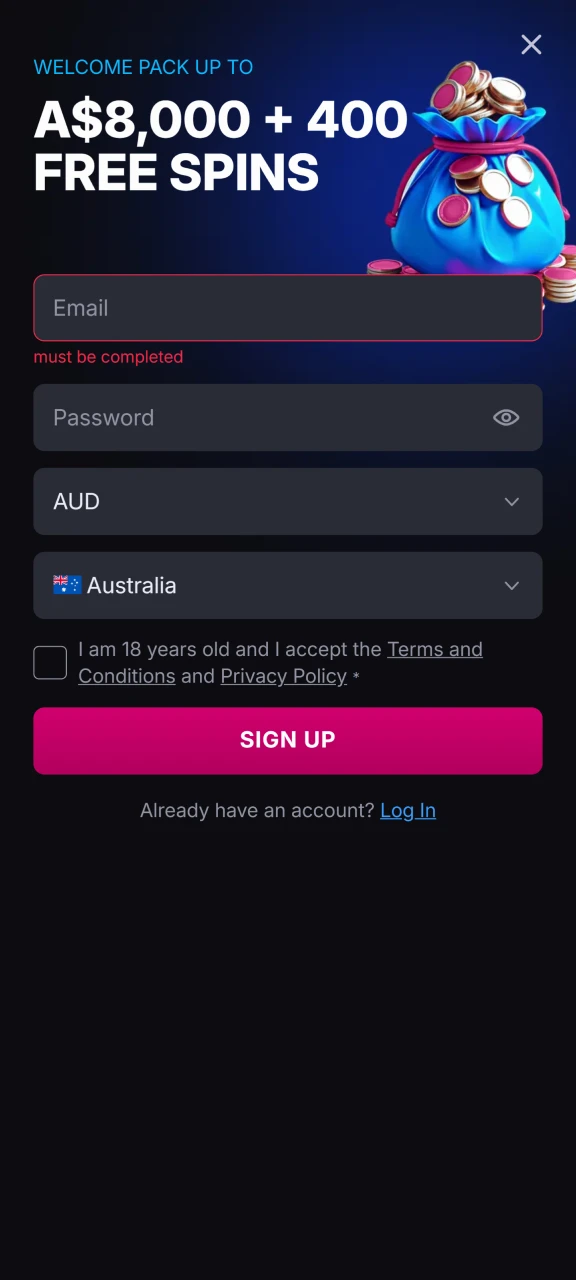 Add your email, password, currency, and country to register at Skycrown.